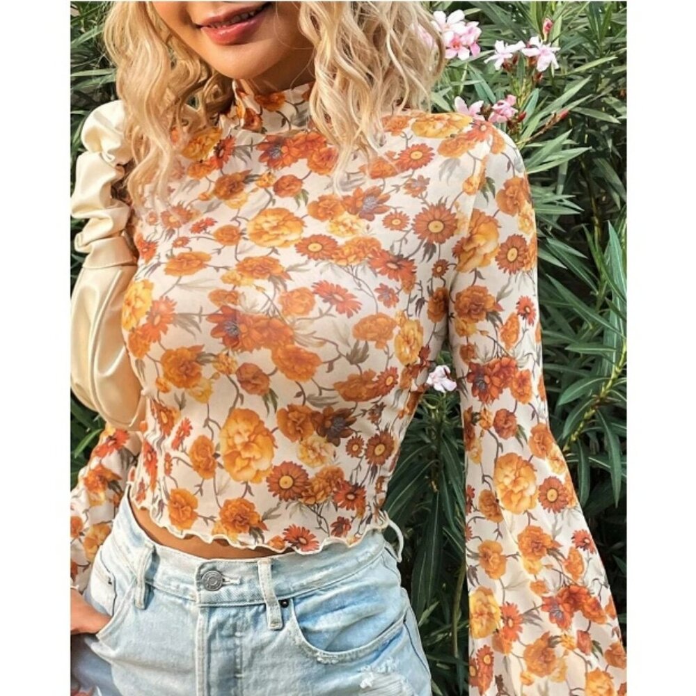 Floral Mesh Long-Sleeve Crop Top - Cream & Orange